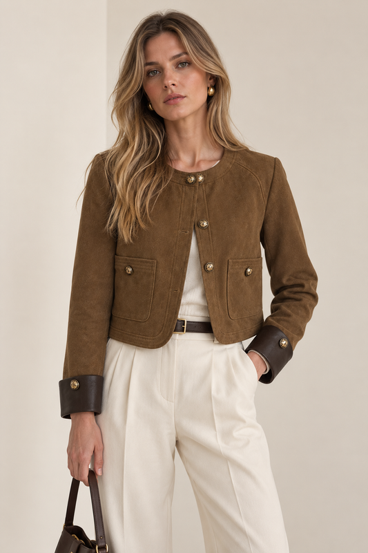 Dalia-Chaqueta Corta Clásica Vintage Marrón para Mujer