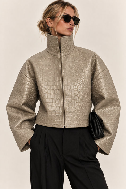 Abby-Chaqueta Corta de Piel Sintética de Cocodrilo para Mujer, Cuello Alto