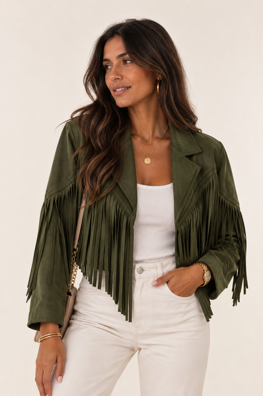 Dakota-Chaqueta Verde Oliva , Flecos Efecto Ante