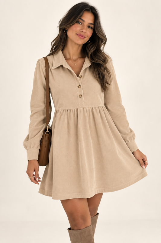 Kiara-Vestido camisero de pana beige