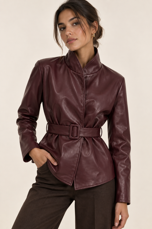 Eloisa- Chaqueta Borgoña de Piel sintética con Cinturón