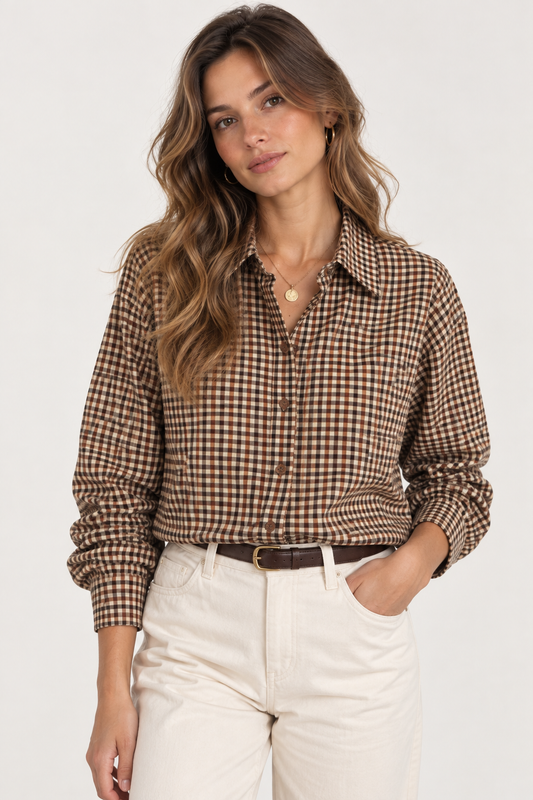 Vichy-Camisa de cuadros otoñales en tono marrón y beige