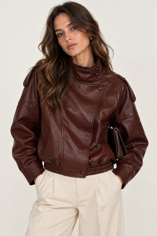 Alessia-Chaqueta negra de piel sintética oversize