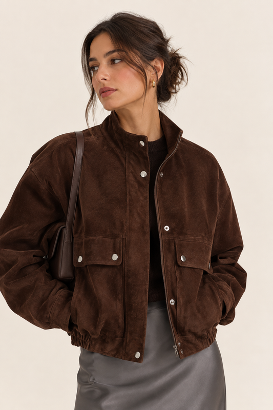 Alba-chaqueta corta efecto ante en marrón chocolate