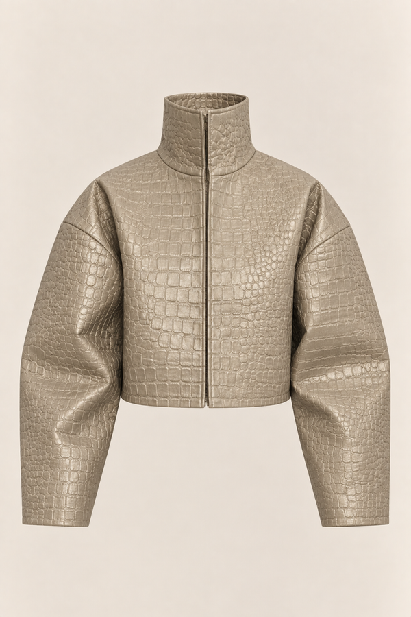 Abby-Chaqueta Corta de Piel Sintética de Cocodrilo para Mujer, Cuello Alto