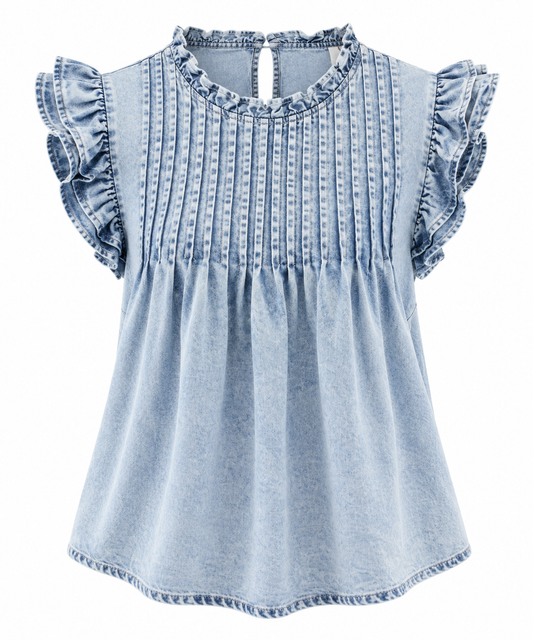Naia- Blusa Denim Volantes y Detalle Plisado