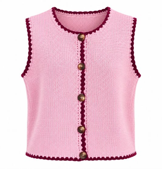Mireya-Camisa de Punto Rosa con Contraste Burdeos