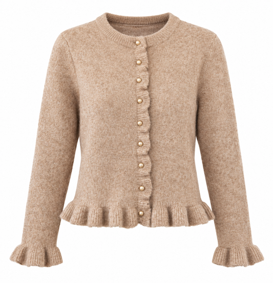 Elina- Cárdigan Beige con Volantes y Botones Perla