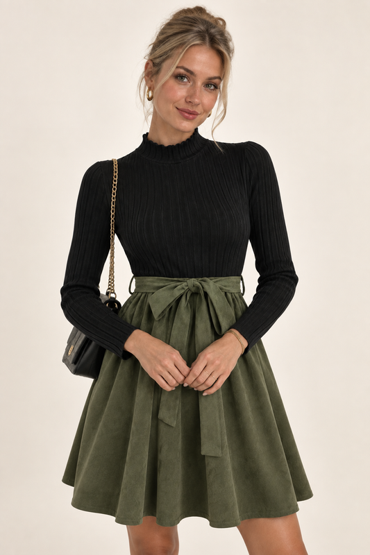 Adara-Vestido Bicolor de Punto y Falda Efecto Ante