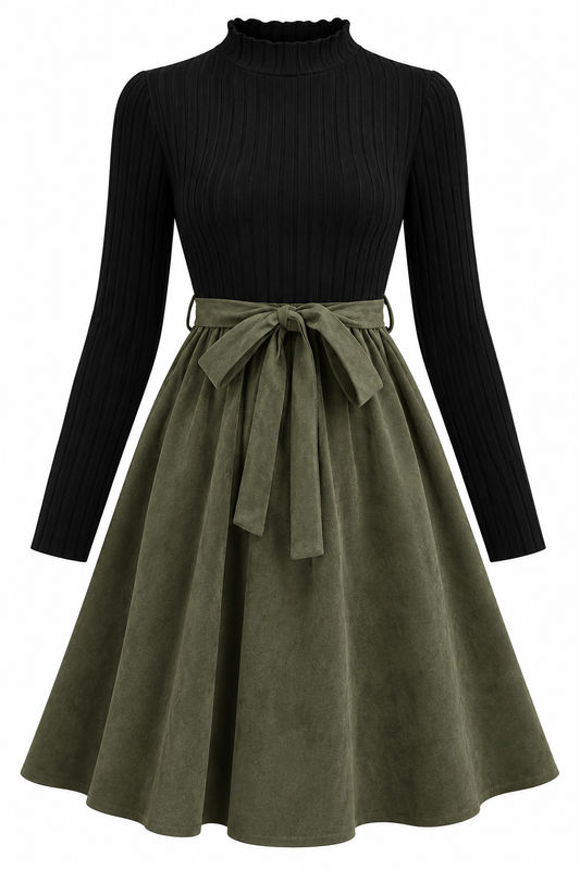 Adara-Vestido Bicolor de Punto y Falda Efecto Ante