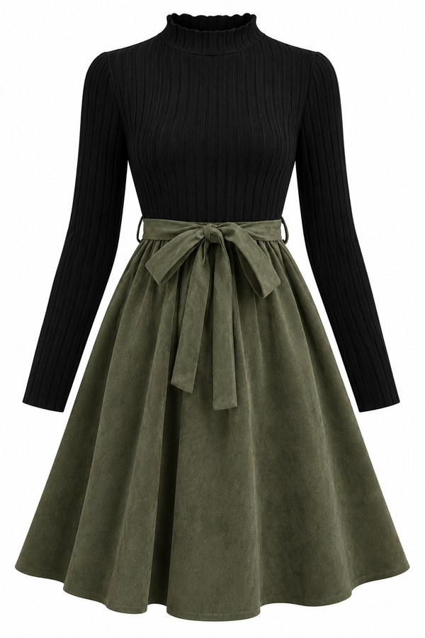 Adara-Vestido Bicolor de Punto y Falda Efecto Ante