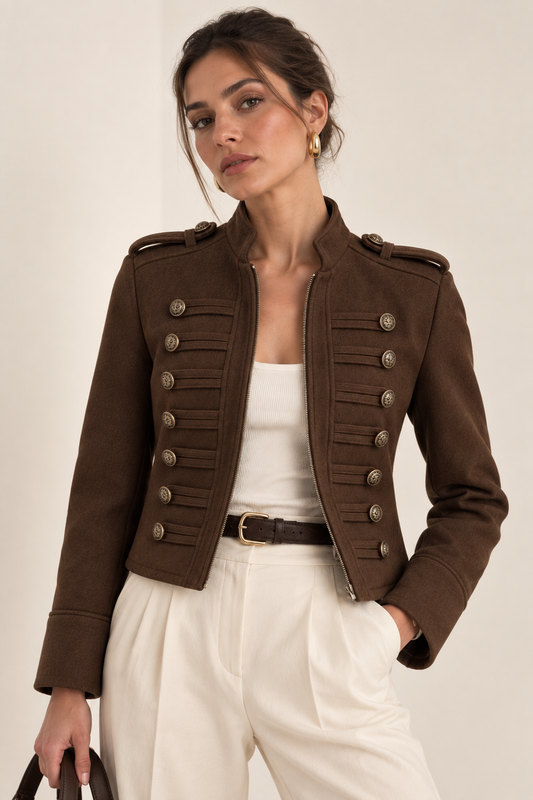 Renata-Chaqueta Militar Chocolate Élite elegancia Estructurada