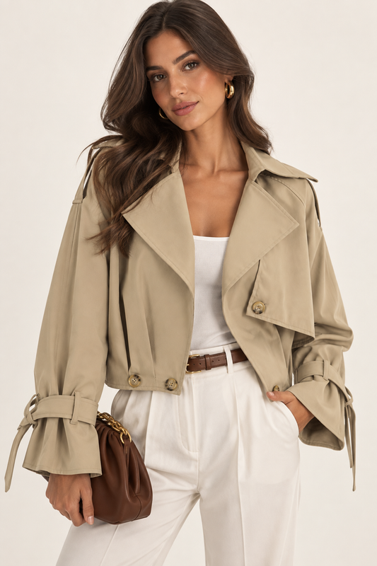 Aveline- Gabardina Corto Beige diseño Cruzado con Puños Ajustables elegante