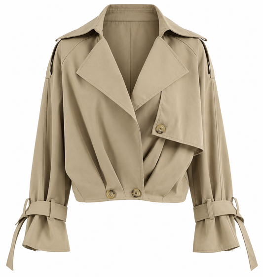 Aveline- Gabardina Corto Beige diseño Cruzado con Puños Ajustables elegante