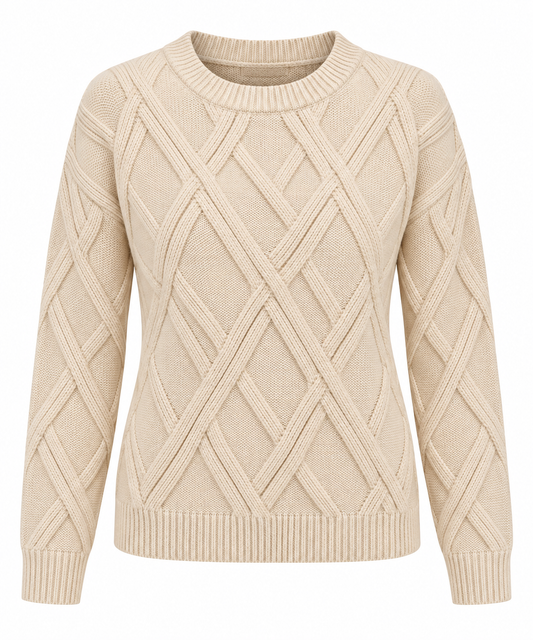 Narela-Jersey de Punto beige Trenzado con Rombos en Relieve
