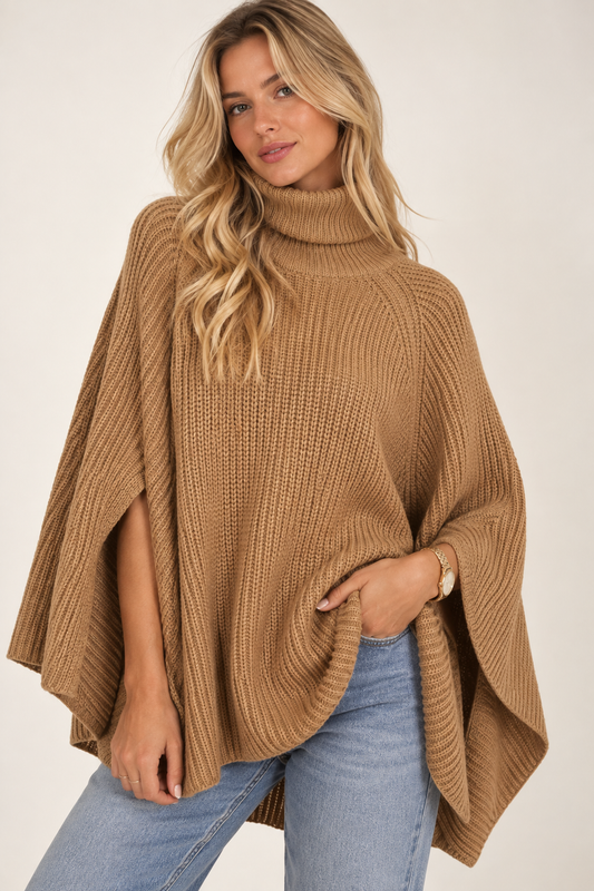 Maika-Poncho de Punto beige  Grueso con Cuello Alto