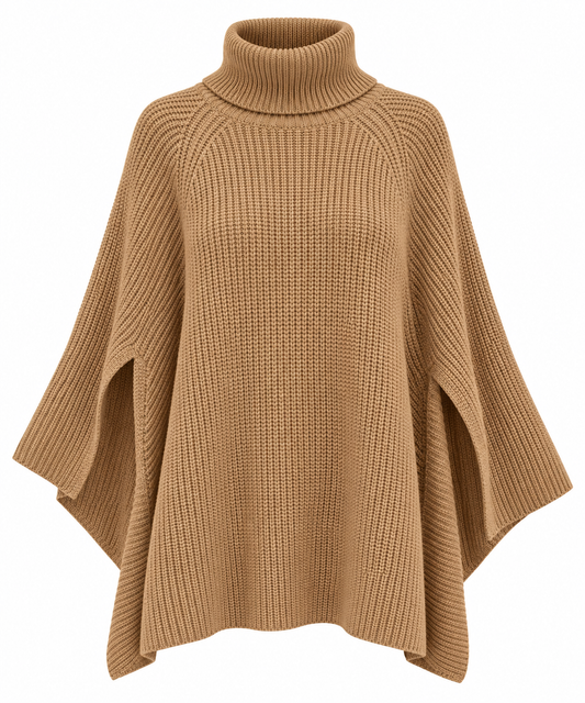 Maika-Poncho de Punto beige  Grueso con Cuello Alto