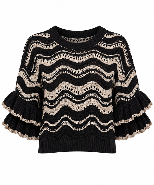 Zafira- Jersey negro y beige de  Punto Calado con Volantes en Contraste