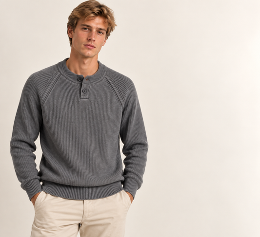 Moises-Jersey  de Hombre de Punto Acanalado con Cuello Redondo y Botones