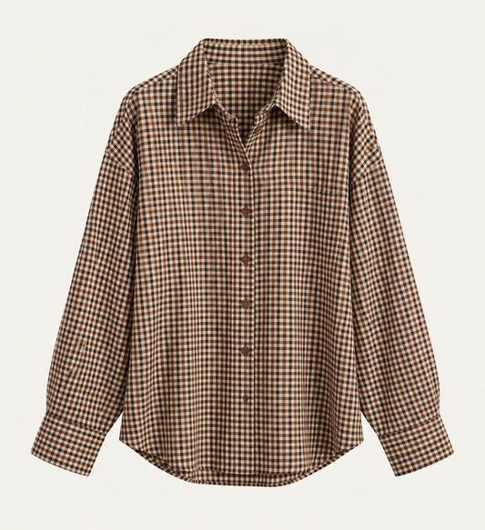 Vichy-Camisa de cuadros otoñales en tono marrón y beige